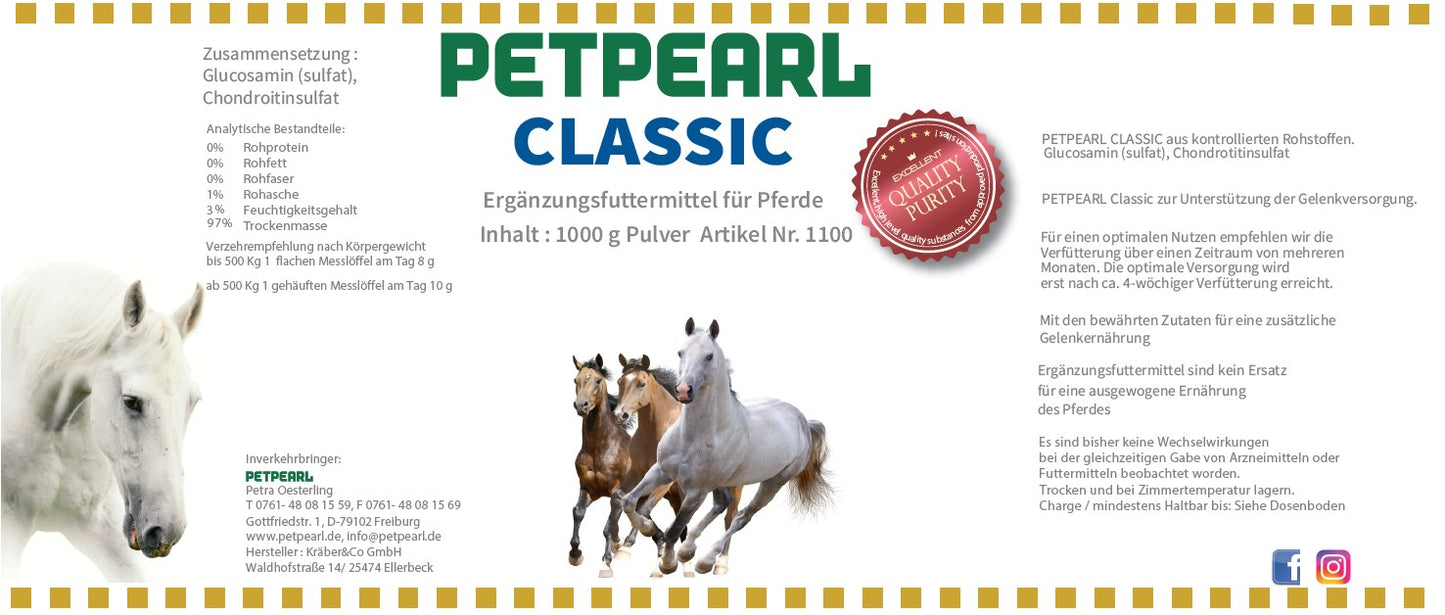 PETPEARL CLASSIC Ergänzungsfuttermittel für Pferde 1000g